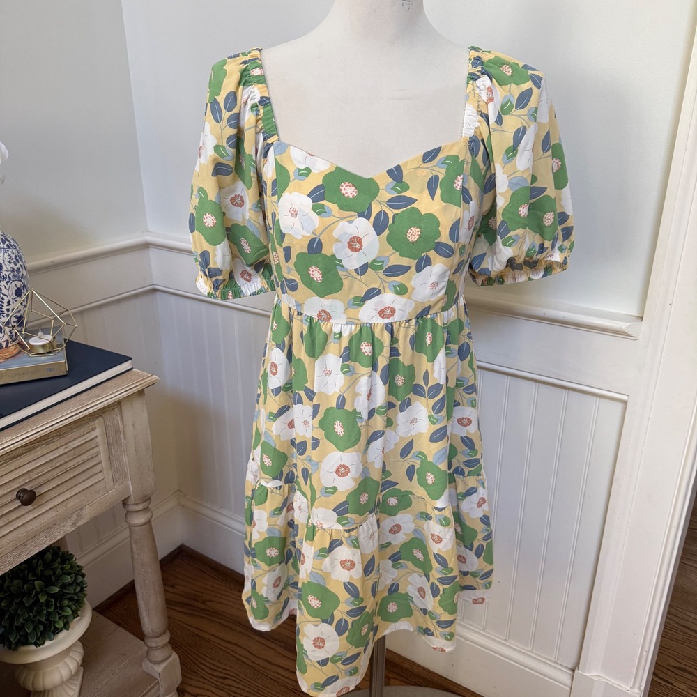 Jodifl Floral Puff Sleeve Tiered Mini Dress Yellow Green B5672-3 Small Mens